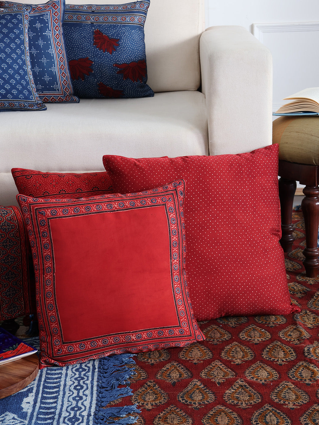 Ajrakh Modal Silk Cushion Cover Red White Dots 18x18