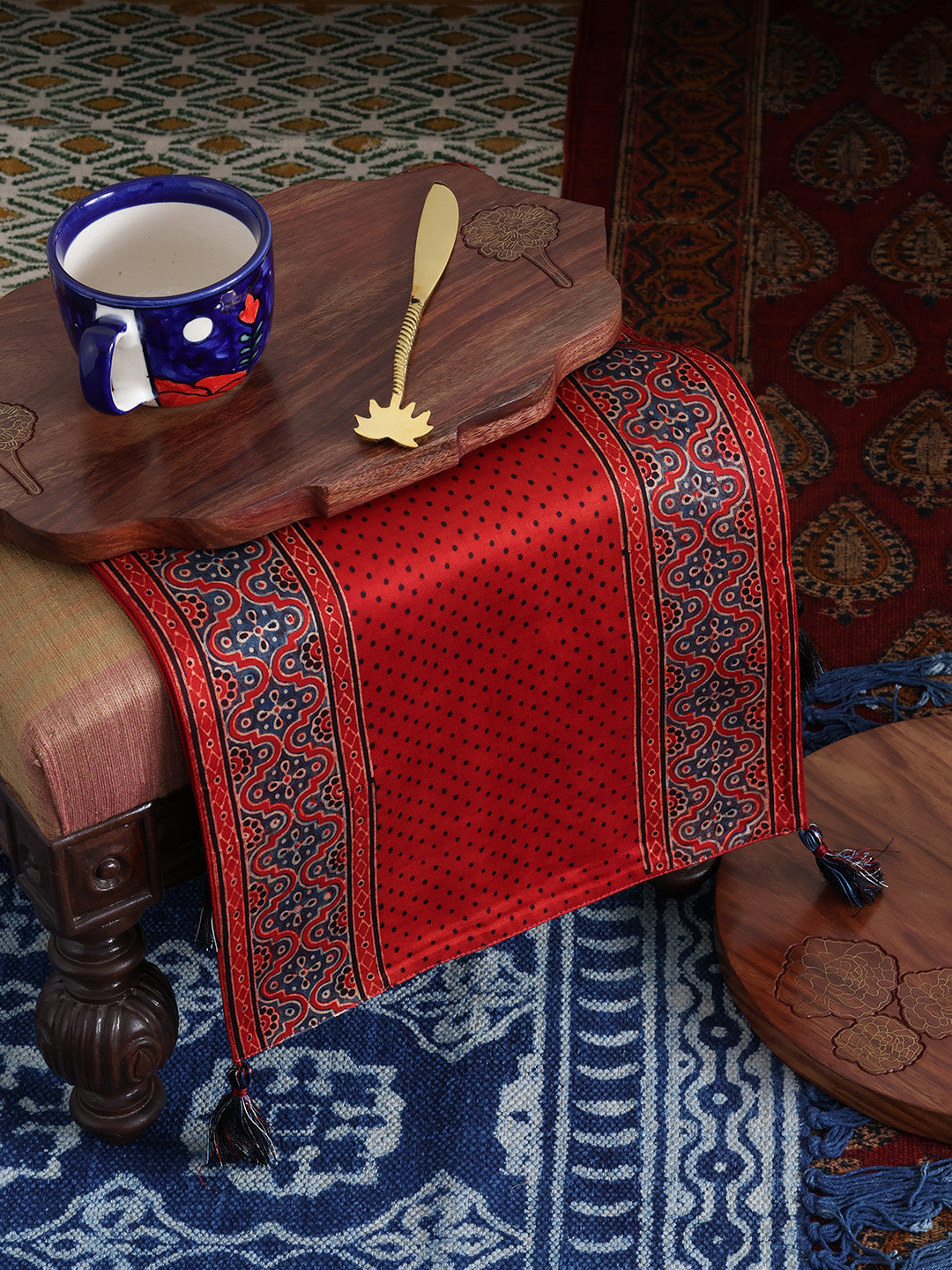 Red with Indigo Border Ajrakh Printed Modal Silk Table Runner 13x60 / 13x72