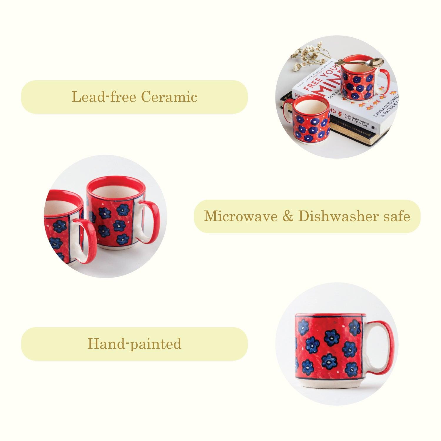 Red Floral Hand-Painted Ceramic Cups & Masala Chai (40 gms) Gift Set - Eyaas