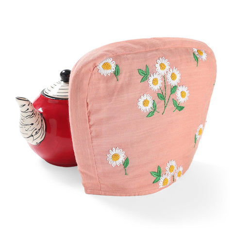 Daisy Hand Embroidered Upcycled Tea Cozy Peach, 9 x 12, - Eyaas