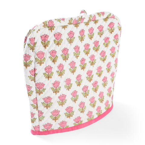 Block-Printed Cotton Tea Cozy White & Pink, 9 x 11.5 - Eyaas