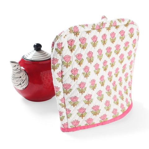 Block-Printed Cotton Tea Cozy White & Pink, 9 x 11.5 - Eyaas