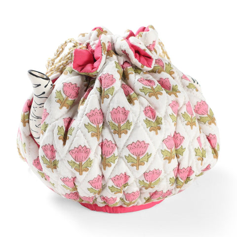 Block Printed Drawstring Tea Cozy, White & Pink - Eyaas