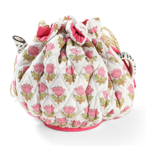 Block Printed Drawstring Tea Cozy, White & Pink - Eyaas