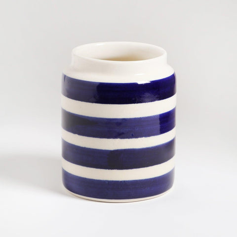 White Indigo Striped Cylindrical Ceramic Vase 4×5″ - Eyaas