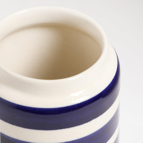 White Indigo Striped Cylindrical Ceramic Vase 4×5″ - Eyaas