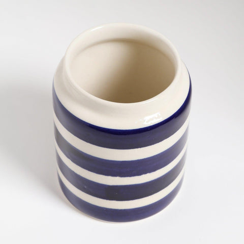 White Indigo Striped Cylindrical Ceramic Vase 4×5″ - Eyaas