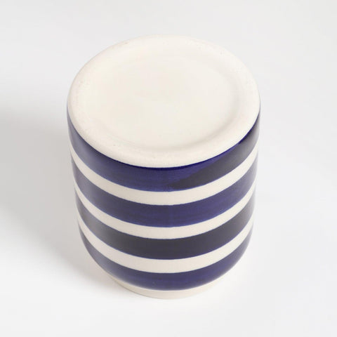 White Indigo Striped Cylindrical Ceramic Vase 4×5″ - Eyaas