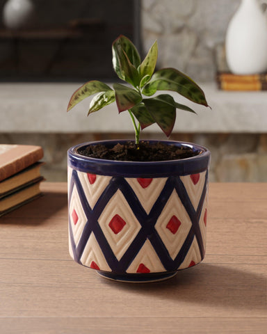 Ceramic Flower Pot, Diamond, White & Indigo 5x6 - Eyaas