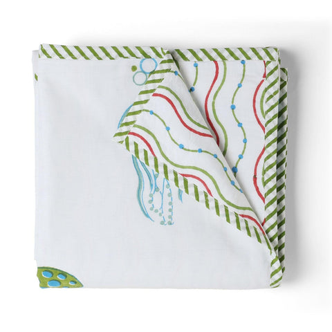 Jellyfish Block Printed Mulmul Baby Dohar, Green Blue, 40x40 - Eyaas