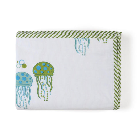 Jellyfish Block Printed Mulmul Dohar, Green Blue, 60x90 - Eyaas