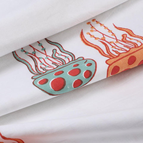 Jellyfish Block Printed Mulmul Dohar, 60x90, Orange & Blue - Eyaas