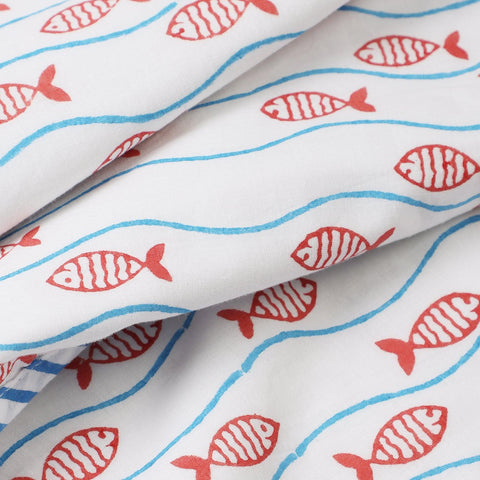 Fish & Waves Block Printed Mulmul Dohar, Blue Rust, 60x90 - Eyaas