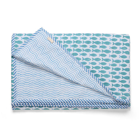 Fish & Waves Block-Print Cotton Dohar, Set of 2, 60x90 - Eyaas