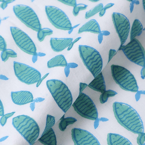 Fish & Waves Block-Print Cotton Dohar, Set of 2, 60x90 - Eyaas