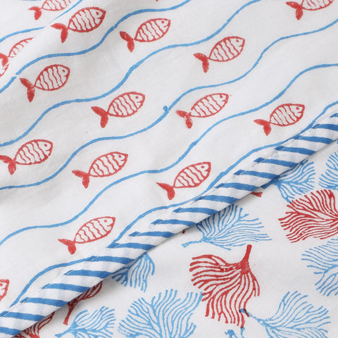 Fish & Waves Block-Print Cotton Dohar, Set of 2, 60x90 - Eyaas