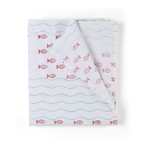 Fish Wave Block Printed Bed Sheet & Pillow Covers 90x108 - Eyaas