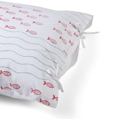Fish Wave Block Printed Bed Sheet & Pillow Covers 90x108 - Eyaas