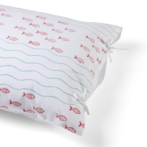 Fish Wave Block Printed Bed Sheet & Pillow Covers 90x108 - Eyaas