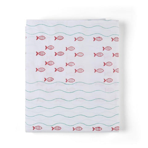 Fish Wave Block Printed Bed Sheet & Pillow Covers 90x108 - Eyaas