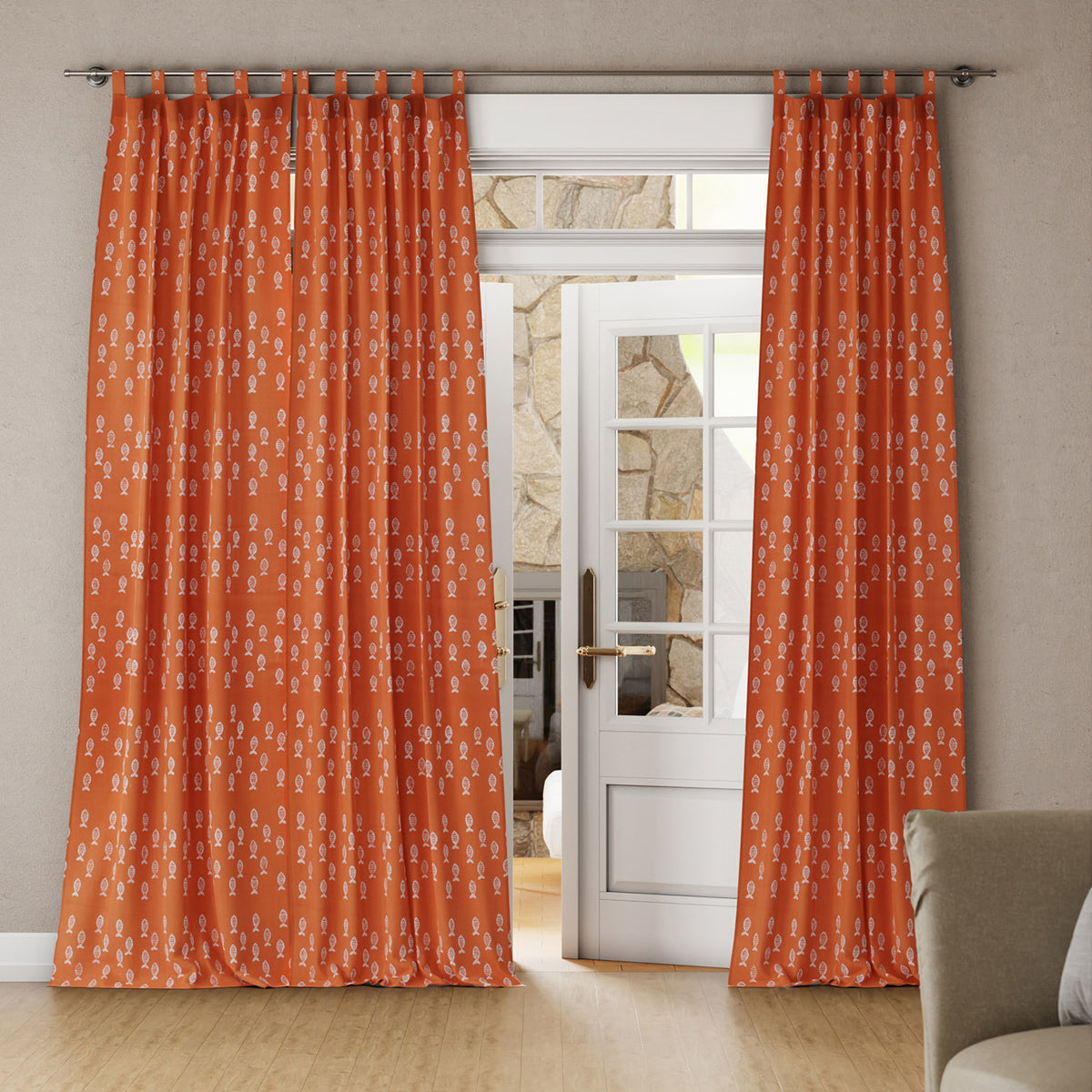 Hand Block Printed Hand Dyed Mulmul Curtains Rust