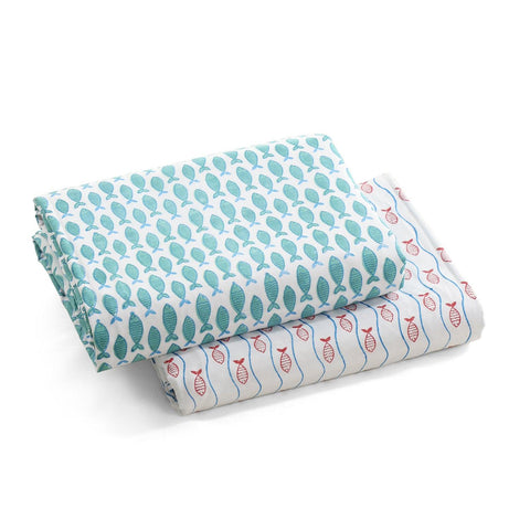 Fish & Waves Block-Print Cotton Dohar, Set of 2, 60x90 - Eyaas