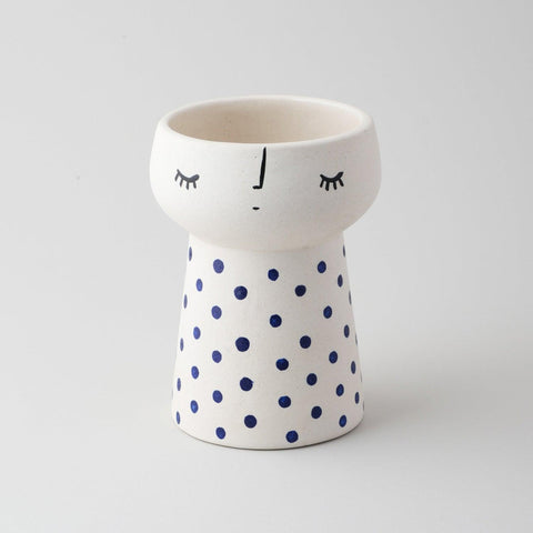 White Ceramic Flower Vase with Indigo Dots 5x4 - Eyaas