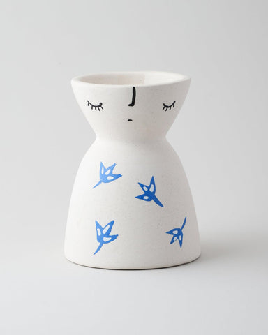 White Ceramic Vase, Blue Scattered Leaves - Eyaas