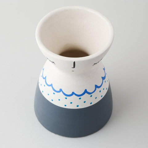 White Ceramic Flower Vase with Grey Block & Blue Line - Eyaas