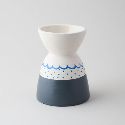 White Ceramic Flower Vase with Grey Block & Blue Line - Eyaas