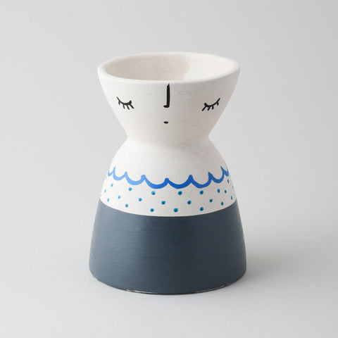 White Ceramic Flower Vase with Grey Block & Blue Line - Eyaas