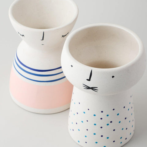 Ceramic Vase, Set of 2, Pink Block & Blue Dots - Eyaas