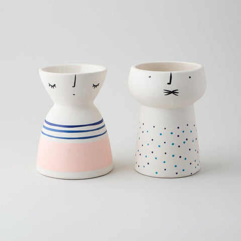 Ceramic Vase, Set of 2, Pink Block & Blue Dots - Eyaas