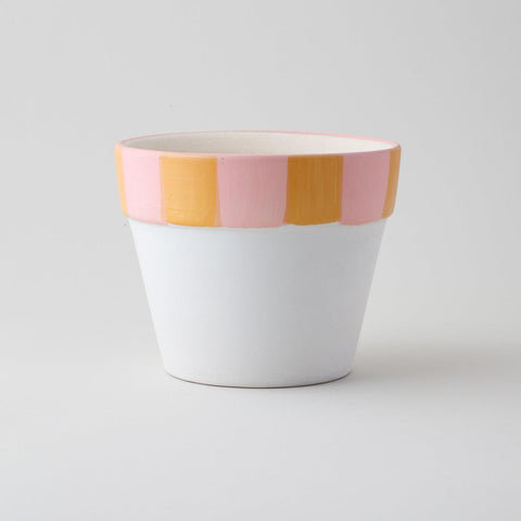 White Ceramic Planter, Peach, & Pink Striped - Eyaas
