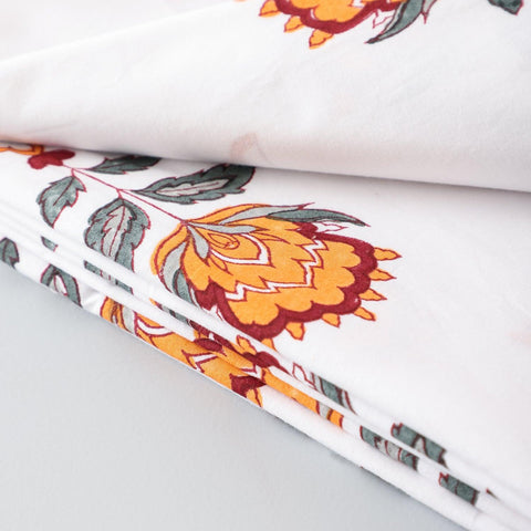 Hand Block Printed Percale Floral Bed Sheet 90x108 Set - Eyaas