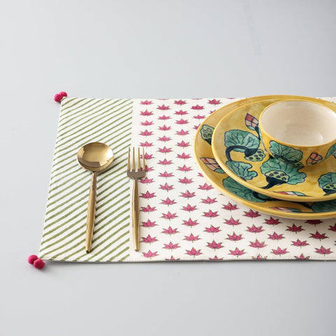 Block Printed Chanderi Table Mats Set of 2, Pink Lotus - Eyaas