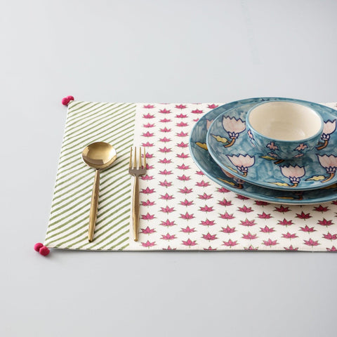 Green & Pink Lotus Chanderi Table Mats Set of 2 - Eyaas