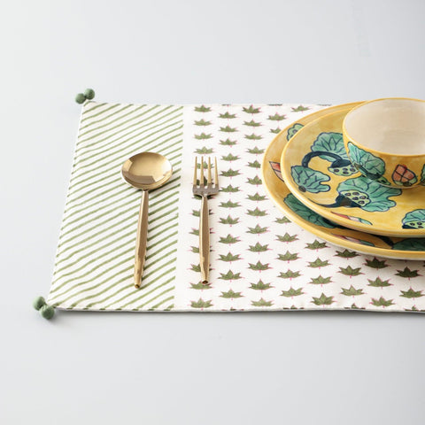 Green & Pink Lotus Chanderi Table Mats Set of 2 - Eyaas