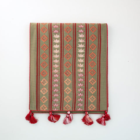 Block-Printed Table Runner - Olive Green & Maroon - Eyaas