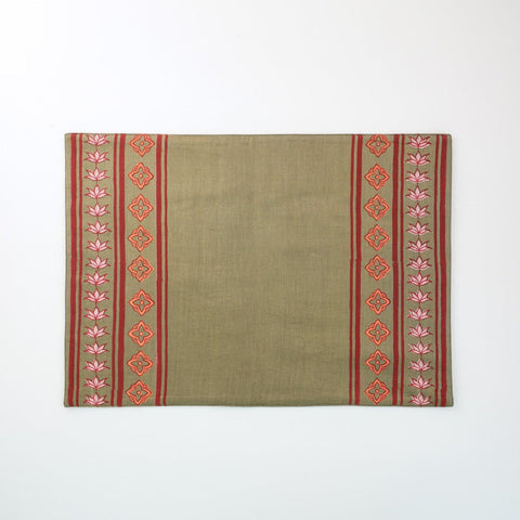 Block Printed Placemat Set of 2, Olive Green & Maroon - Eyaas