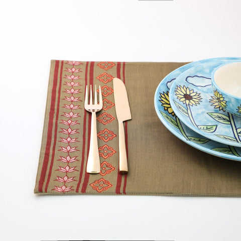 Block Printed Placemat Set of 2, Olive Green & Maroon - Eyaas