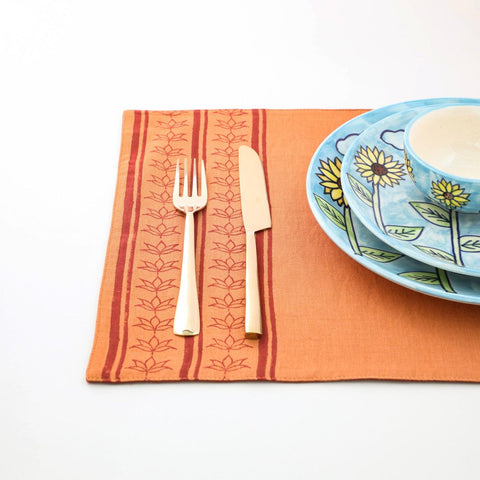 Hand Block Printed Placemat Set of 2, Rust & Maroon - Eyaas