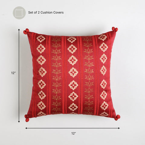 Chanderi Cushion Covers - 12x12, Geometric, Red - Eyaas