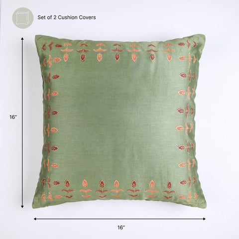Chanderi Cushion Cover - 16x16, Green - Eyaas