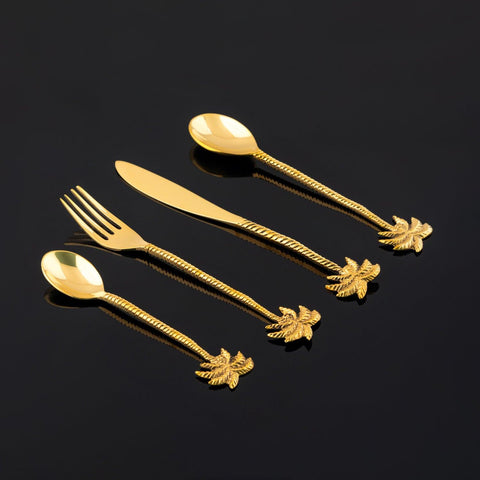 Palm Tree Steel Cutlery Set of 4 - Brass Coated - Eyaas