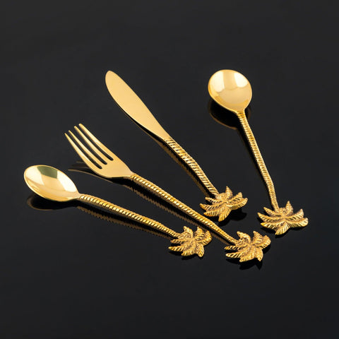 Palm Tree Steel Cutlery Set of 4 - Brass Coated - Eyaas