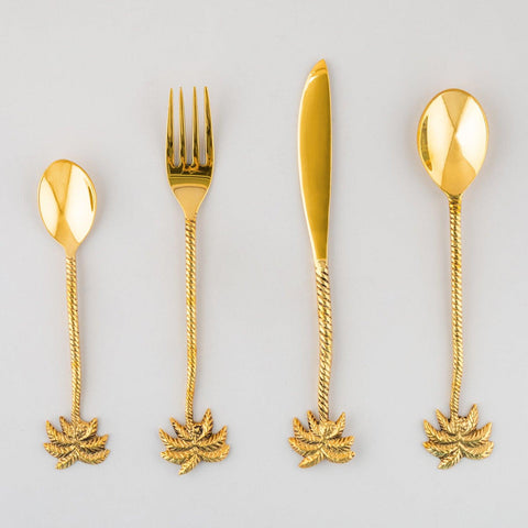 Palm Tree Steel Cutlery Set of 4 - Brass Coated - Eyaas