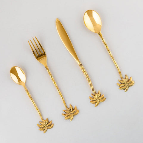Palm Tree Steel Cutlery Set of 4 - Brass Coated - Eyaas
