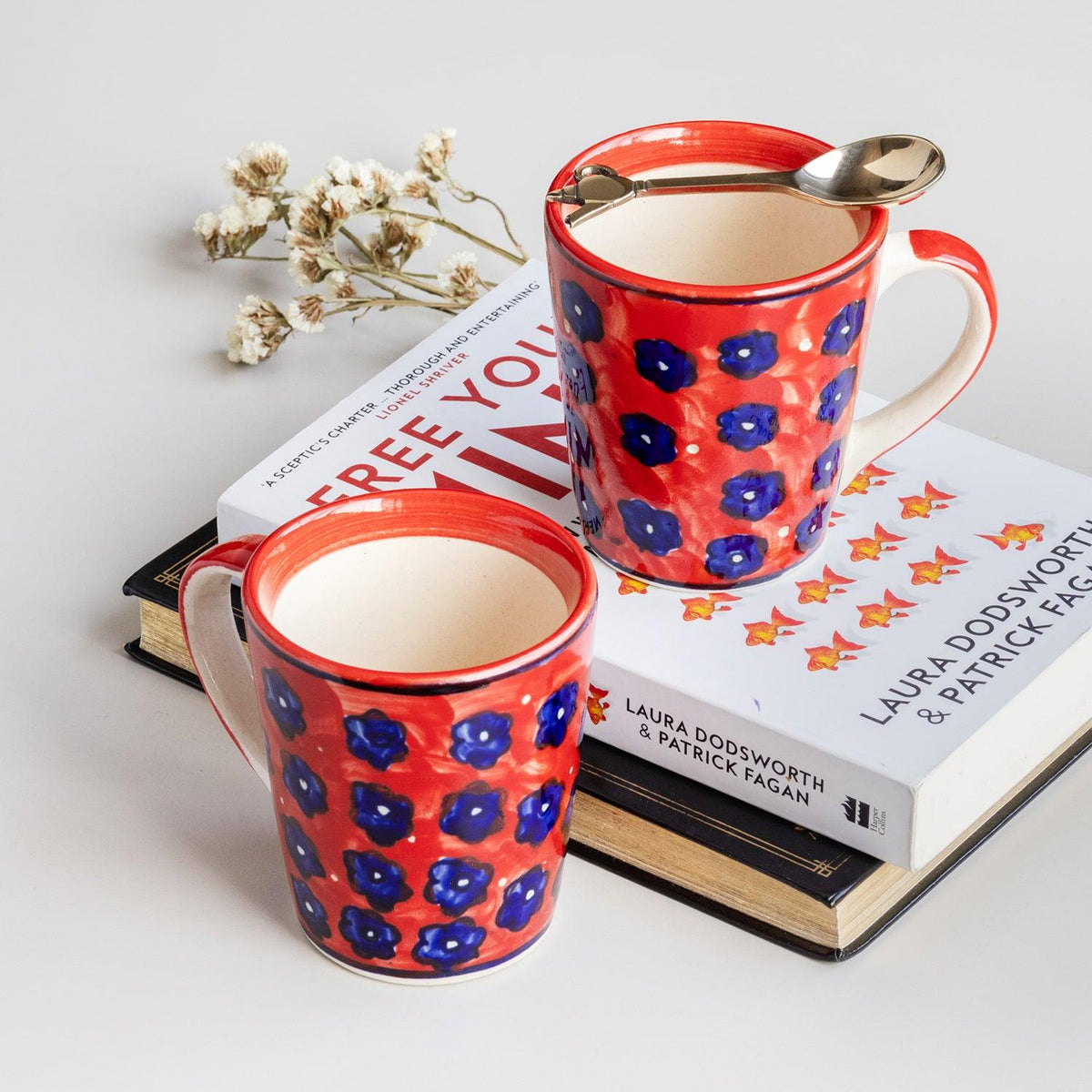 Red Floral Ceramic Coffee Mug - Set of 2 (Large) - Eyaas