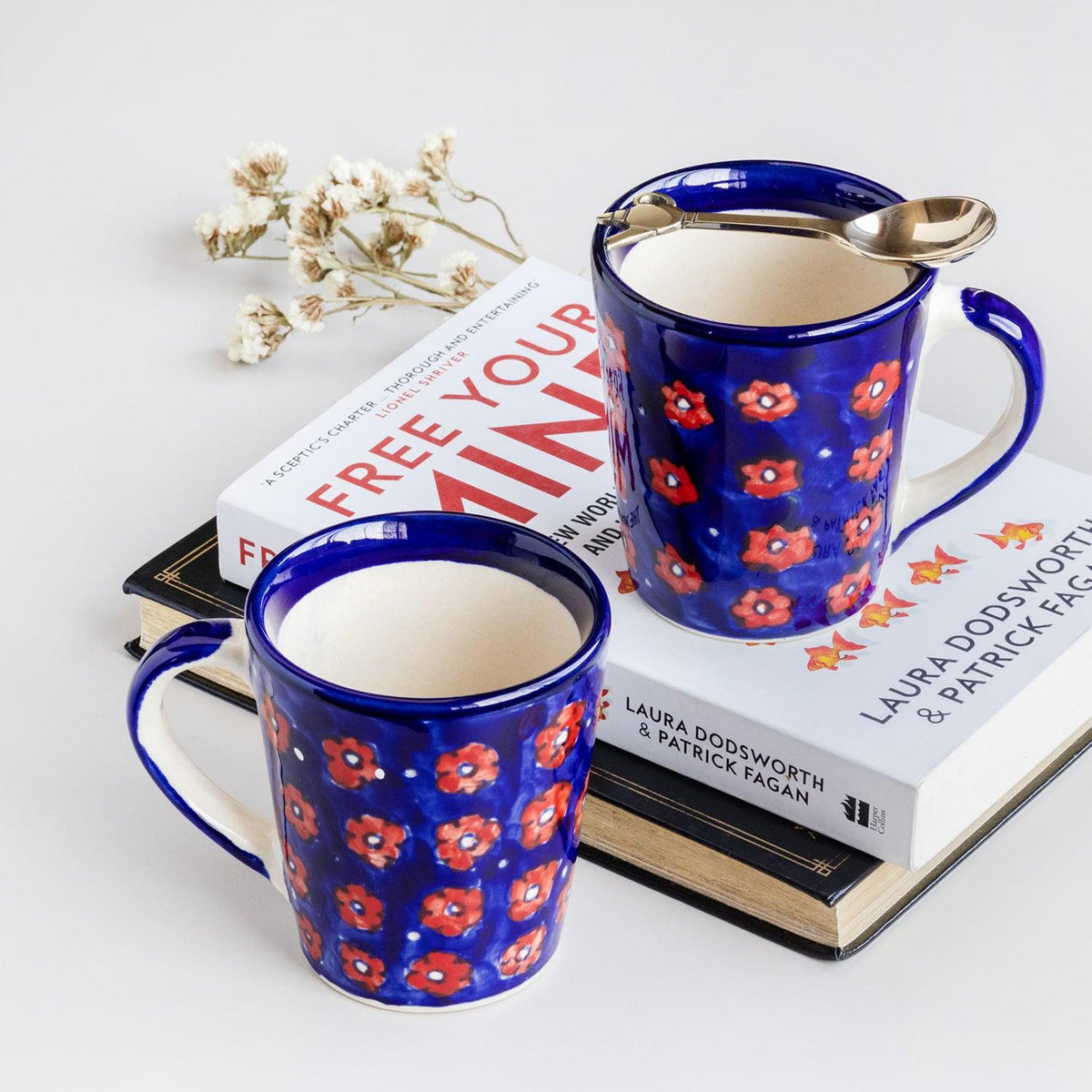 Blue Floral Ceramic Coffee Mug - Set of 2 (Large) - Eyaas